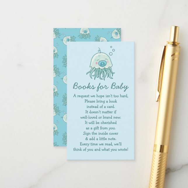 Carte D'accompagnement Cute Jellyfish Baby shower Blue Boy Livres pour bé (Devant/Arrière en situation)