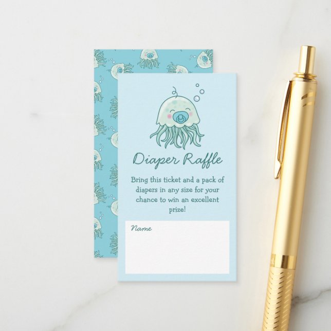 Carte D'accompagnement Cute méduse Baby shower chapeau Raffle Blue Boy (Devant/Arrière en situation)
