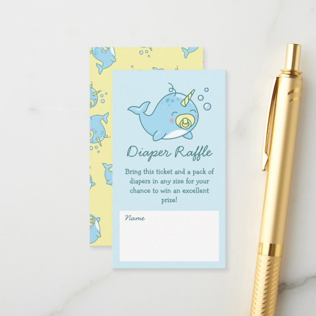 Carte D'accompagnement Cute Narwhal Baby shower Kawaii Déchets Raffle (Devant/Arrière en situation)
