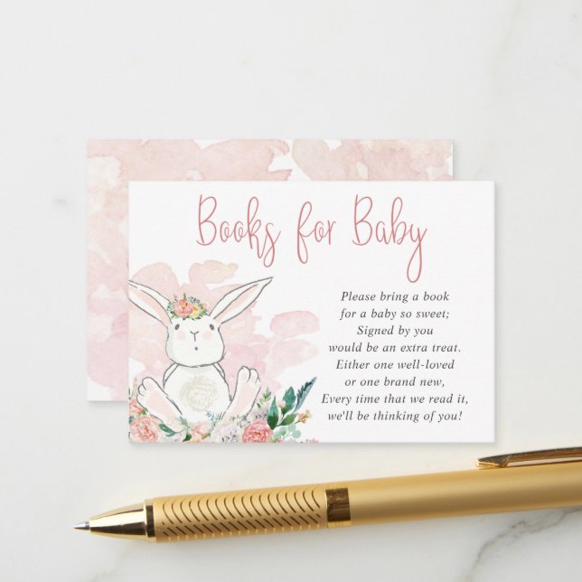 Carte D'accompagnement Cute Pink Bunny Floral LIVRES POUR BÉBÉ Demande (Devant/Arrière en situation)