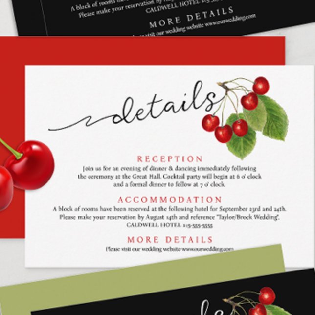 Carte D'accompagnement Cute Red Cherries Modern Script Détails du Mariage (Créateur téléchargé)