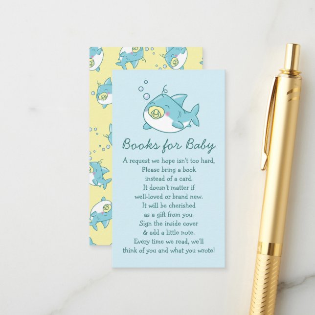 Carte D'accompagnement Cute Shark Baby shower Kawaii Livres pour bébé (Devant/Arrière en situation)