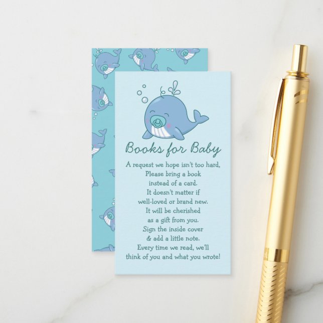 Carte D'accompagnement Cute Whale Baby shower Livres pour Baby Boy Blue (Devant/Arrière en situation)