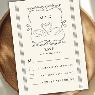 Carte D'accompagnement Cygnes Monogramme RSVP Mariage Dessinés à la Main