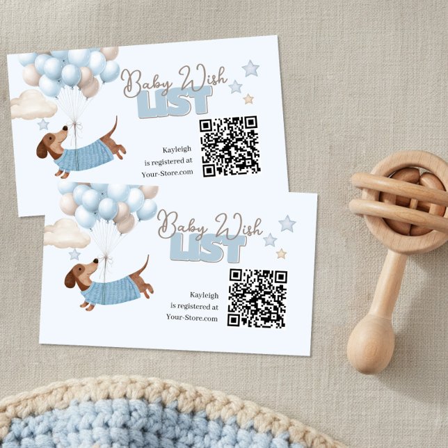 Carte D'accompagnement Dachshund QR Code Baby Registry Website Blue (Baby Shower QR Code Registry cards. Dachshund and balloons design in blue and beige)