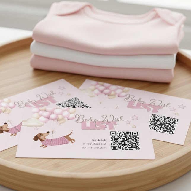 Carte D'accompagnement Dachshund QR Code Baby Registry Website Pink (Dachshund Teenie Weenie QR Code Card - Girl Baby Shower stationery.)