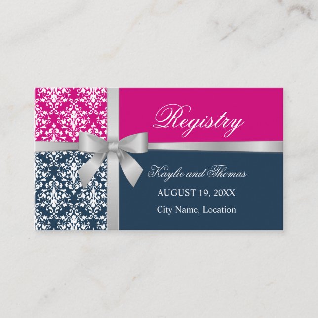 Carte D'accompagnement Damask Faux Silver Ribbon Navy Blue Fuchsia (Devant)