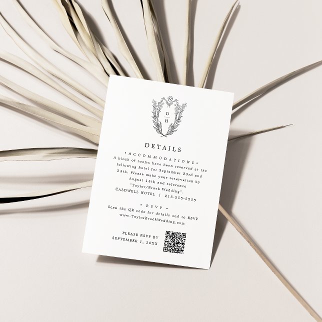 Carte D'accompagnement DAPHNE Monogramme noir blanc Mariage simple Détail (DAPHNE Monogram Black White Simple Wedding Details Enclosure Card)