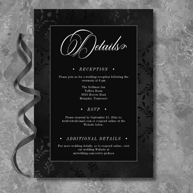 Carte D'accompagnement Dark gothique noir floral satin Mariage damassé (Créateur téléchargé)