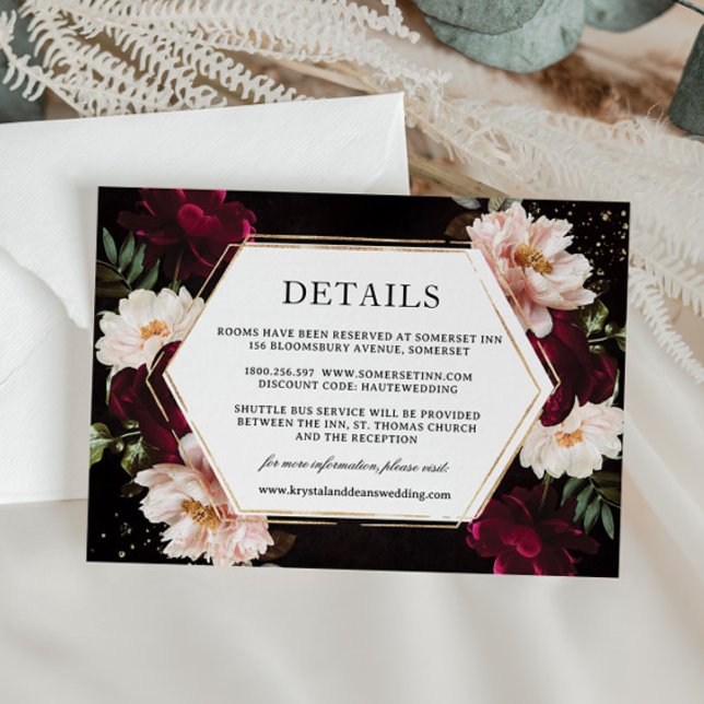 Carte D'accompagnement Dark Moody Bourgogne Blush Peonies Floral Mariage (Créateur téléchargé)