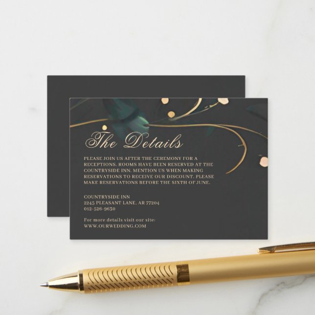 Carte D'accompagnement Dark Moody Floral Boho Grey Mariage Abstrait (Devant/Arrière en situation)