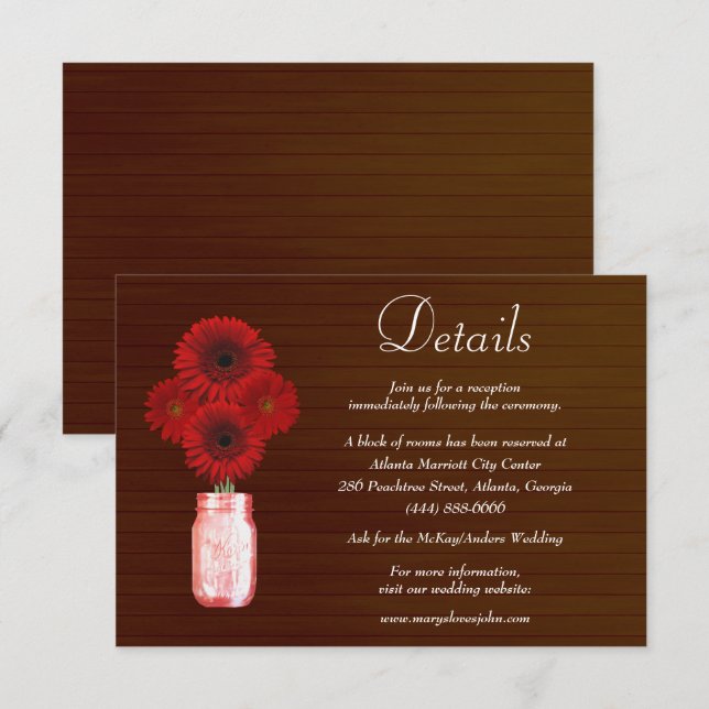 Carte D'accompagnement Dark Rustic Red Floral Mason Jar Détails du Mariag (Devant / Derrière)