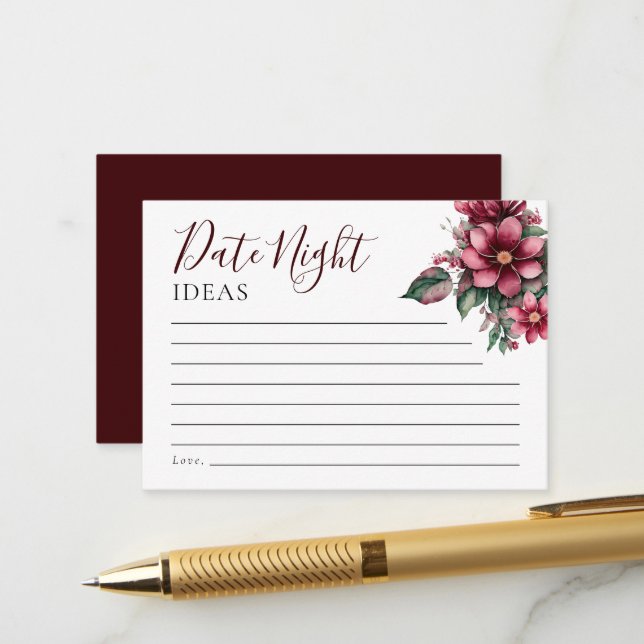 Carte D'accompagnement Date Nuit Idées Floral Bourgogne Fête des mariées (Devant/Arrière en situation)