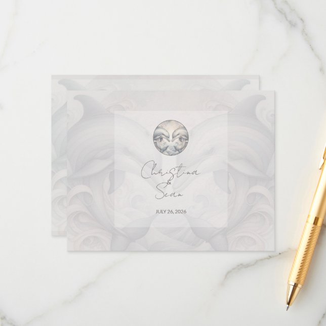 Carte D'accompagnement Dauphins Whimsy Mariage QR Code Boîtier C (Devant/Arrière en situation)