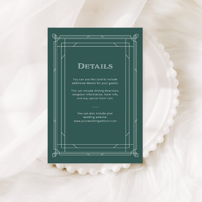 Carte D'accompagnement Déco moderne | Holiday Green Mariage Détails au su (An elegant, green art deco style guest details card for your holiday wedding)