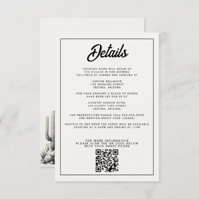 Carte D'accompagnement Décontracté Mariage Cactus (Devant / Derrière)