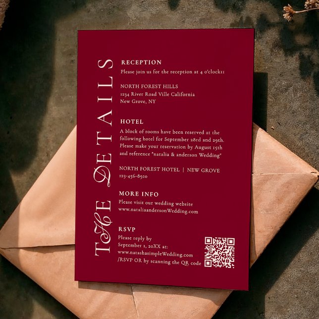 Carte D'accompagnement Deep Burgundy Script Qr Code Wedding Details (Créateur téléchargé)