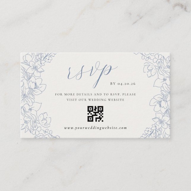 Carte D'accompagnement Delicate Blue Floral Wedding QR code RSVP (Devant)
