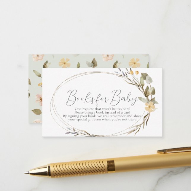 Carte D'accompagnement Demande de Baby shower ovale petit Fleur sauvage (Devant/Arrière en situation)