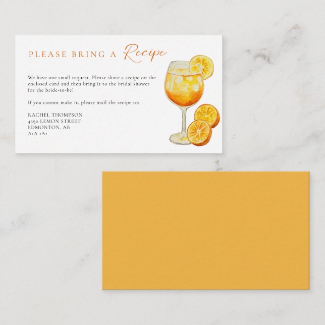 Carte D'accompagnement Demande de recette Aperol Spritz Orange Fête des m (Devant / Derrière)