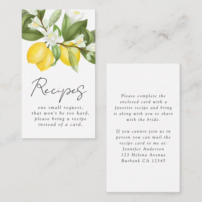 Carte D'accompagnement Demande de recette de Fête des mariées Citrons Cit (Devant / Derrière)