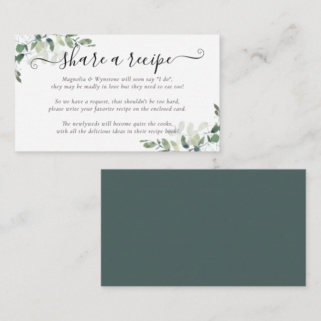 Carte D'accompagnement Demande de recette de Fête des mariées | Eucalyptu (Devant / Derrière)
