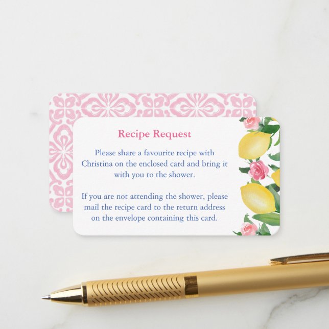Carte D'accompagnement Demande de recette de fleurs et citrons roses Posi (Devant/Arrière en situation)
