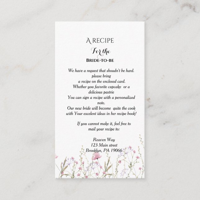 Carte D'accompagnement Demande de recette de fleurs sauvages pour une dou (Devant)
