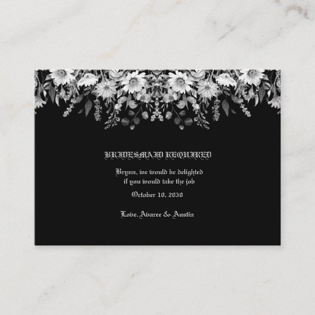 Carte D'accompagnement Demoiselle d'honneur de mariage floral noir et bla (Devant)