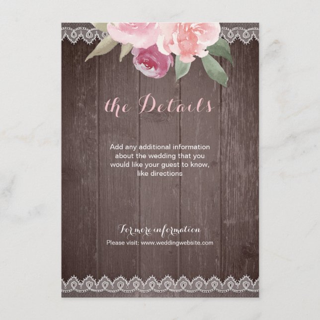 Carte D'accompagnement Dentelle fleurie rustique détails du mariage (Devant)