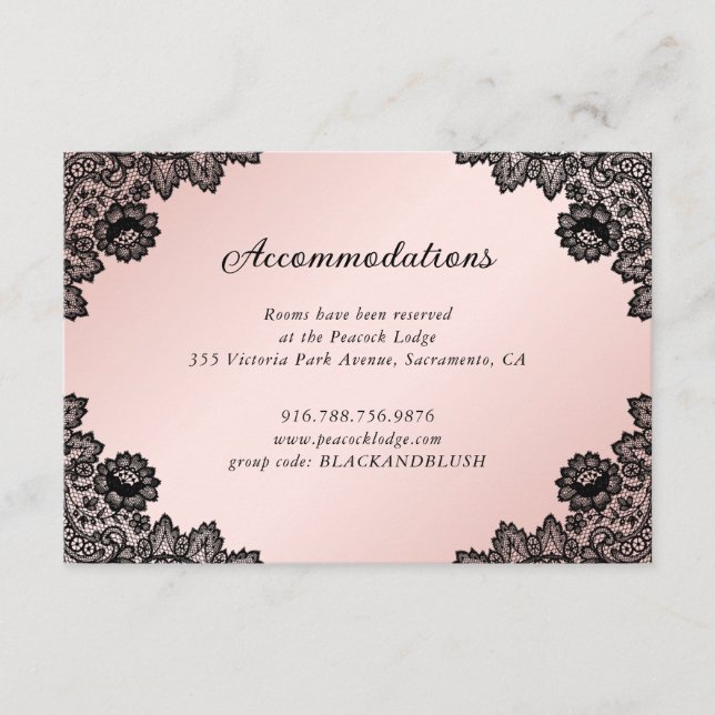 Carte D'accompagnement Dentelle florale rose noir Détails du Mariage Info (Devant)