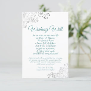 Carte D'accompagnement Dentelle turquoise et argentée Mariage blanc Wishi