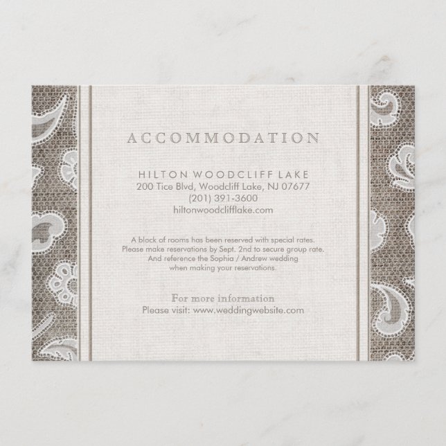 Carte D'accompagnement Dentelles et burlap mariage campagnard hébergement (Devant)