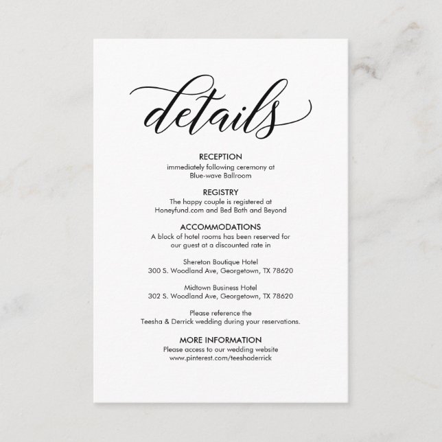 Carte D'accompagnement Design élégant noir, Nos détails Mariages (Devant)