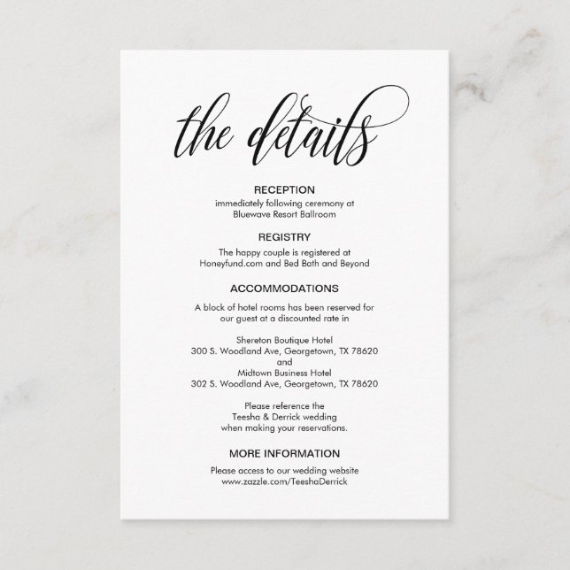 Carte D'accompagnement Design élégant, Script noir, Nos détails Mariages (Devant)
