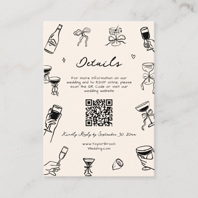 Carte D'accompagnement Dessin à main Doodle Quirky Mariage Détails Qr Cod (Devant)