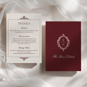 Carte D'accompagnement Détail de mariage bordeaux argent ancien Crête opu