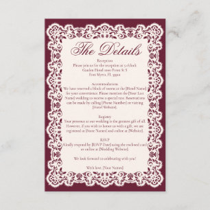 Carte D'accompagnement Détail de mariage burgundy dentelle ivoire vintage
