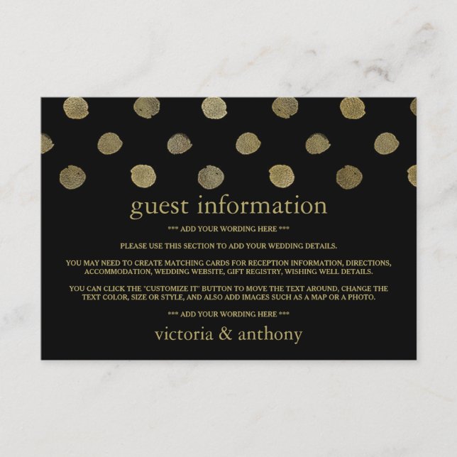 Carte D'accompagnement Détail du Mariage Pois Black & Gold moderne (Devant)