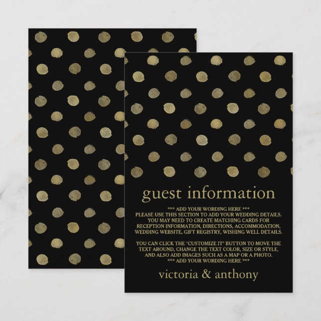 Carte D'accompagnement Détail du Mariage Pois Black & Gold moderne (Devant / Derrière)