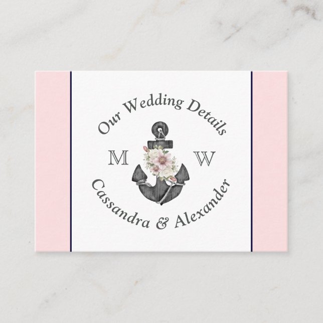 Carte D'accompagnement Détail Mariage nautique Ancre florale Marine rose (Devant)