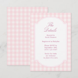 Carte D'accompagnement Détails de Baby-Shower Classique à Carreaux Roses
