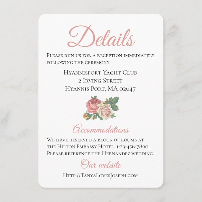 Carte D'accompagnement Détails de directions de mariage de rose rose flor (Devant)