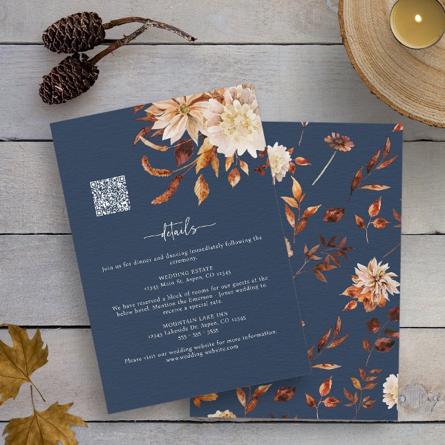 Carte D'accompagnement Détails de la chute de la marine (Watercolor Navy Blue Autumn Floral Details Enclosure Card with QR Code by Painted Paperie
)