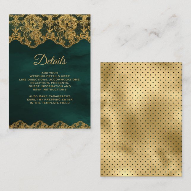 Carte D'accompagnement Détails de la dentelle Emerald Green Gold (Devant / Derrière)