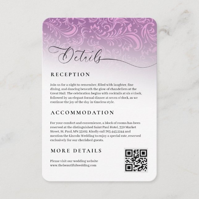 Carte D'accompagnement Détails de la réception de Mariage damassé rose (Devant)