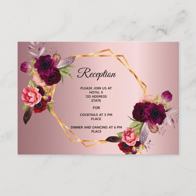 Carte D'accompagnement Détails de la réception de mariage rose rose flora (Devant)