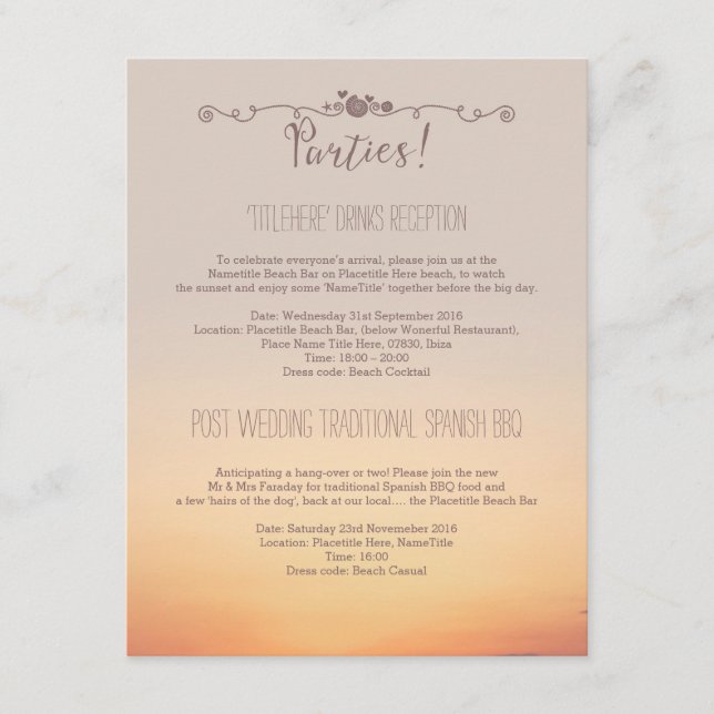 Carte D'accompagnement Détails de la réception de mariage sur la plage (Devant)