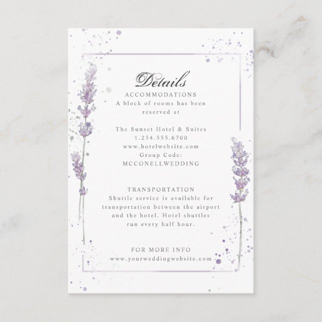 Carte D'accompagnement Détails de la réception de mariage violet lavande (Devant)