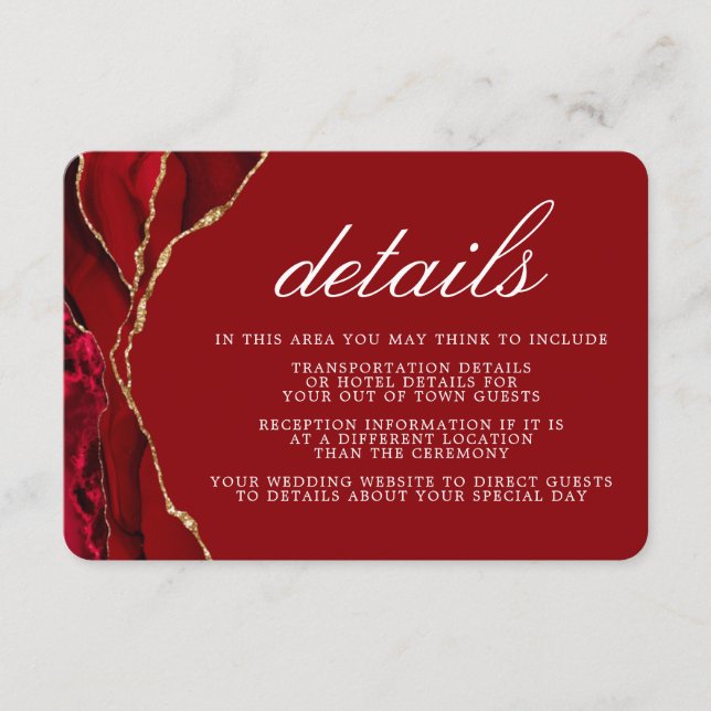 Carte D'accompagnement Détails de l'agate Mariage rouge et or (Devant)